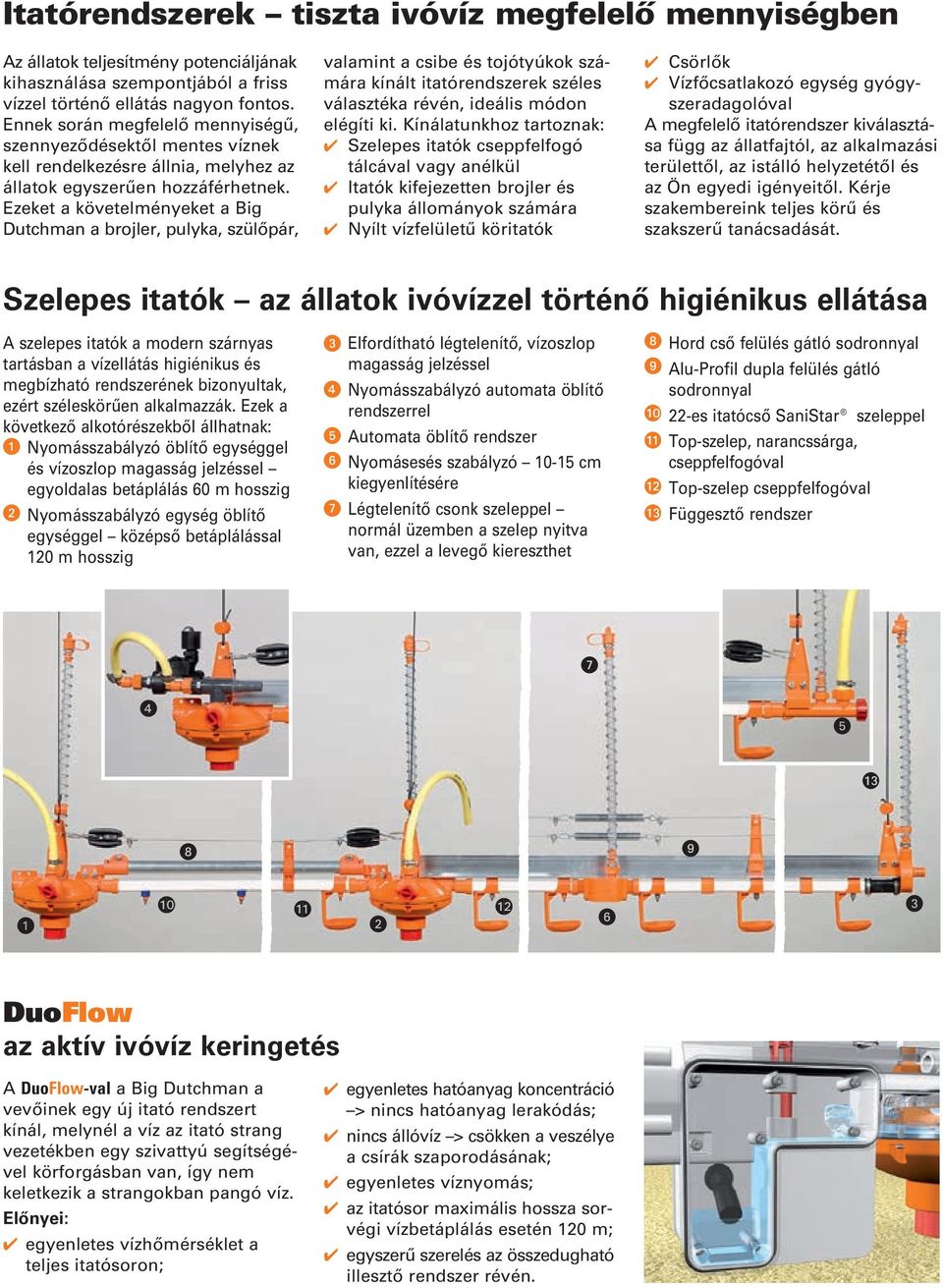 Ezeket a követelményeket a Big Dutchman a brojler, pulyka, szülőpár, valamint a csibe és tojótyúkok számára kínált itatórendszerek széles választéka révén, ideális módon elégíti ki.