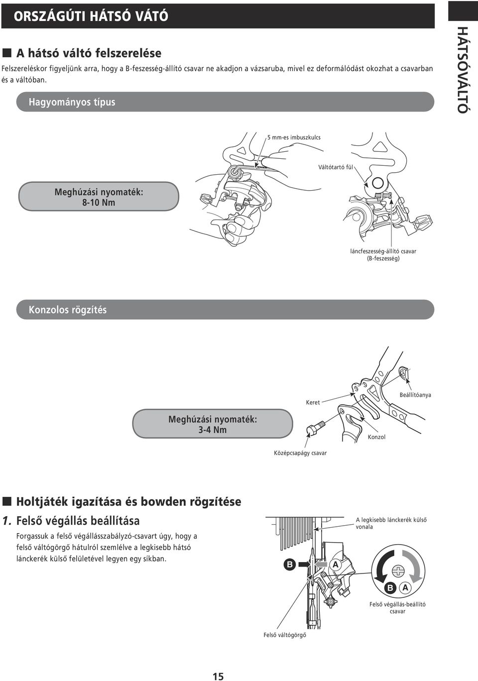 Hagyományos típus HÁTSÓVÁLTÓ 5 mm-es imbuszkulcs Váltótartó fül Meghúzási nyomaték: 8-10 Nm láncfeszesség-állító csavar (B-feszesség) Konzolos rögzítés Keret Beállítóanya Meghúzási