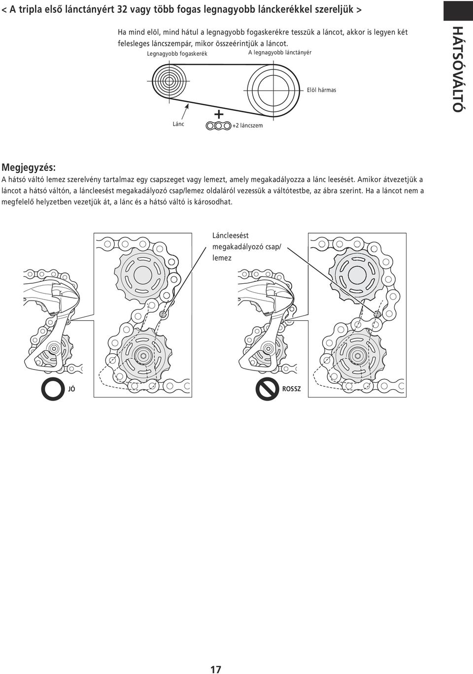 Legnagyobb fogaskerék A legnagyobb lánctányér Elöl hármas Lánc + +2 láncszem HÁTSÓVÁLTÓ Megjegyzés: A hátsó váltó lemez szerelvény tartalmaz egy csapszeget vagy lemezt, amely