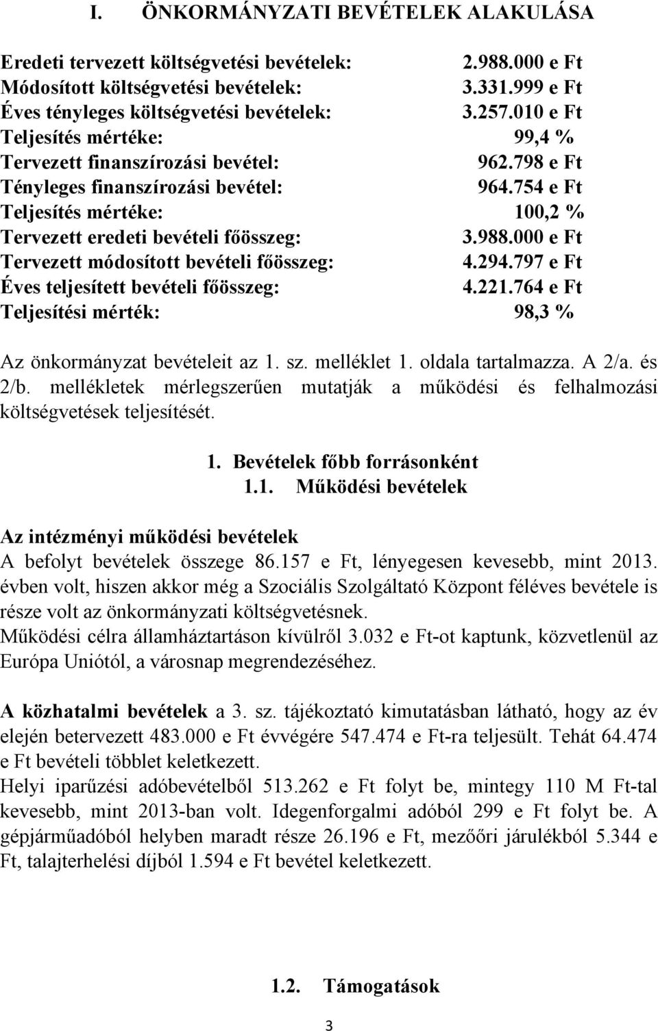 988.000 e Ft Tervezett módosított bevételi főösszeg: 4.294.797 e Ft Éves teljesített bevételi főösszeg: 4.221.764 e Ft Teljesítési mérték: 98,3 % Az önkormányzat bevételeit az 1. sz. melléklet 1.