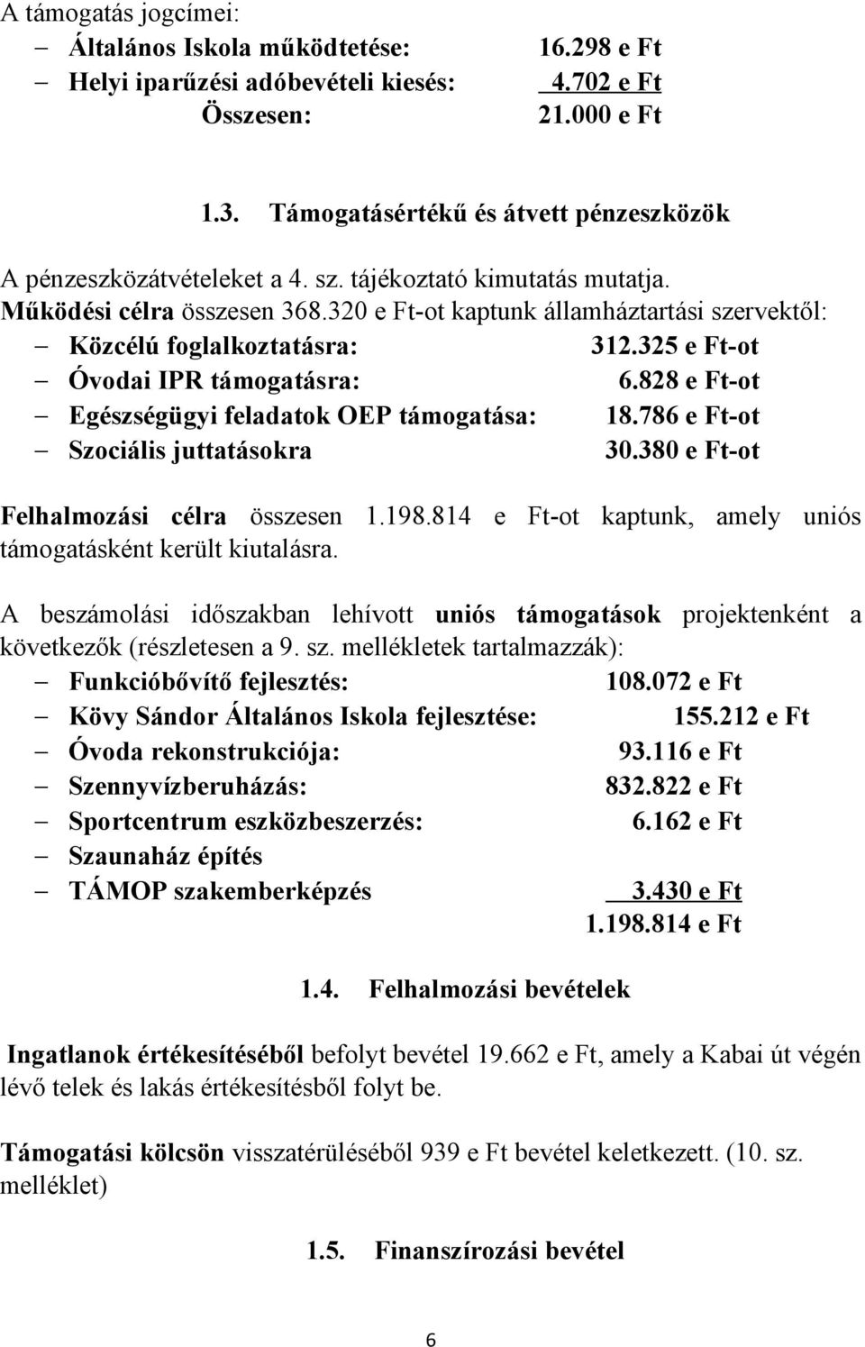 320 e Ft-ot kaptunk államháztartási szervektől: Közcélú foglalkoztatásra: 312.325 e Ft-ot Óvodai IPR támogatásra: 6.828 e Ft-ot Egészségügyi feladatok OEP támogatása: 18.