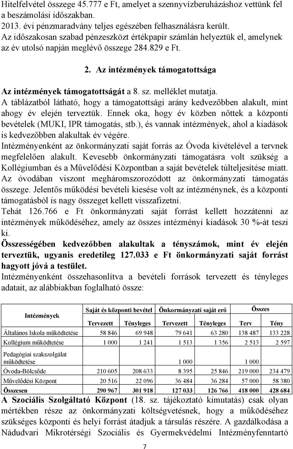 A táblázatból látható, hogy a támogatottsági arány kedvezőbben alakult, mint ahogy év elején terveztük. Ennek oka, hogy év közben nőttek a központi bevételek (MUKI, IPR támogatás, stb.