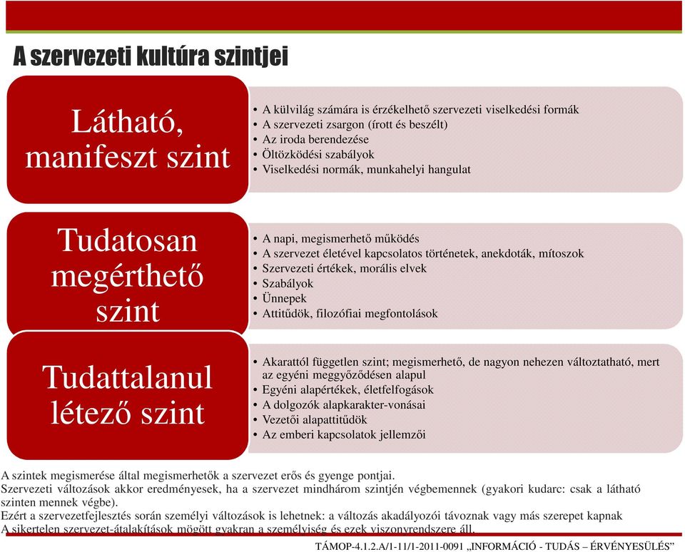 Szervezeti értékek, morális elvek Szabályok Ünnepek Attitűdök, filozófiai megfontolások Akarattól független szint; megismerhető, de nagyon nehezen változtatható, mert az egyéni meggyőződésen alapul