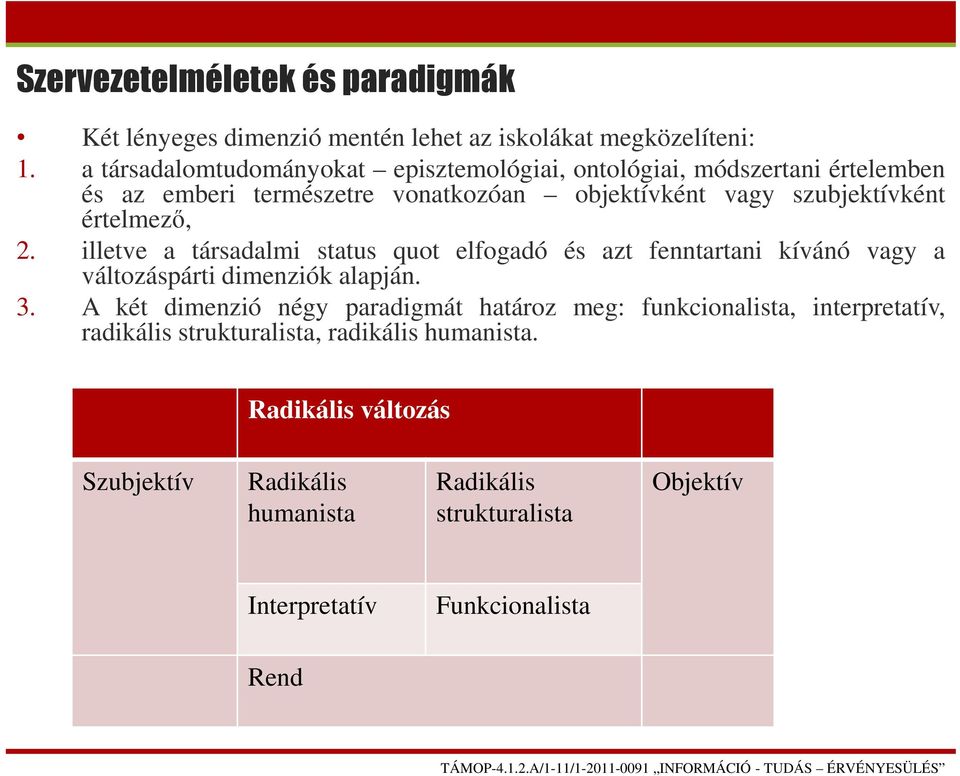 értelmező, 2. illetve a társadalmi status quot elfogadó és azt fenntartani kívánó vagy a változáspárti dimenziók alapján. 3.