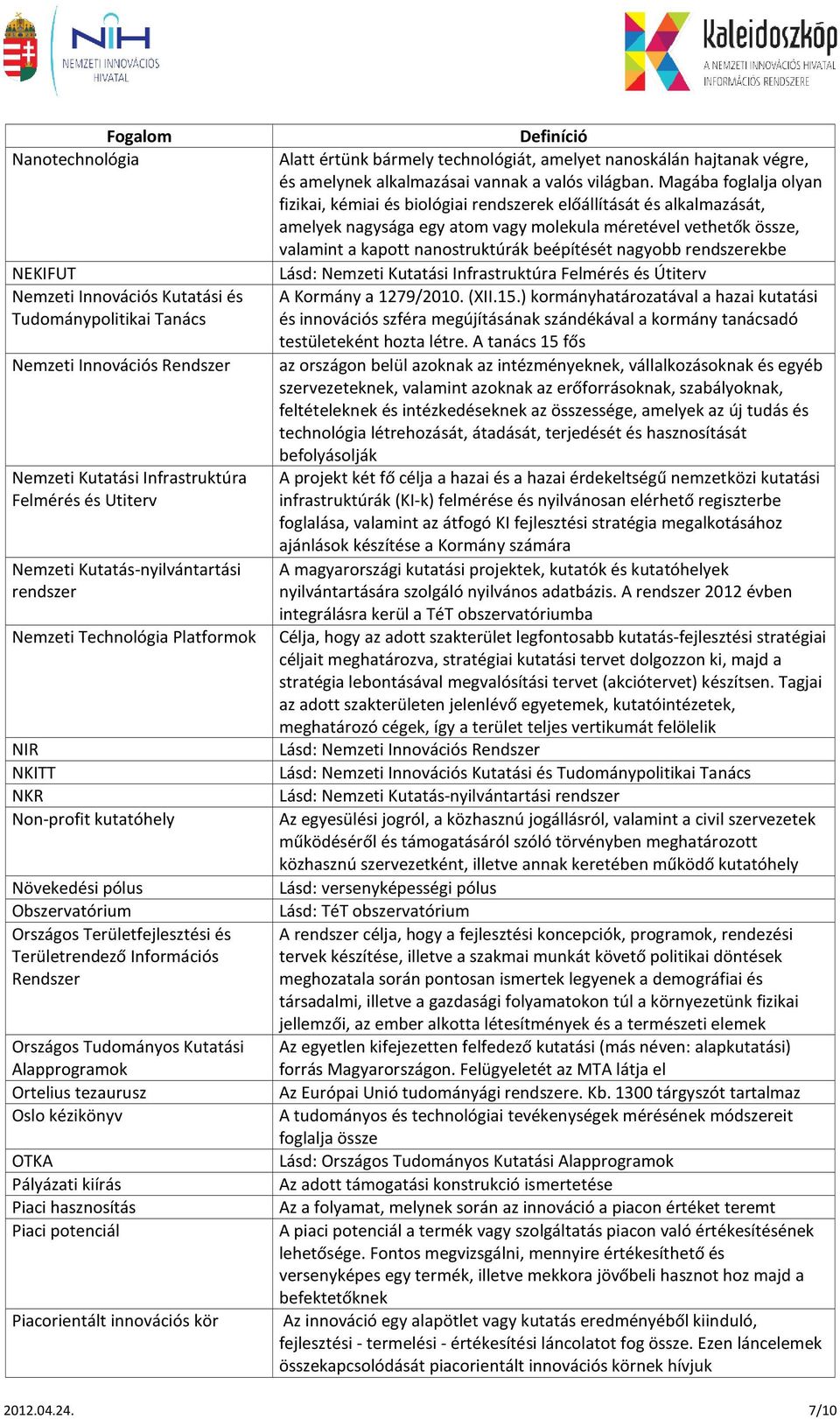 beépítését nagyobb rendszerekbe NEKIFUT Lásd: Nemzeti Kutatási Infrastruktúra Felmérés és Útiterv Nemzeti Innovációs Kutatási és A Kormány a 1279/2010. (XII.15.