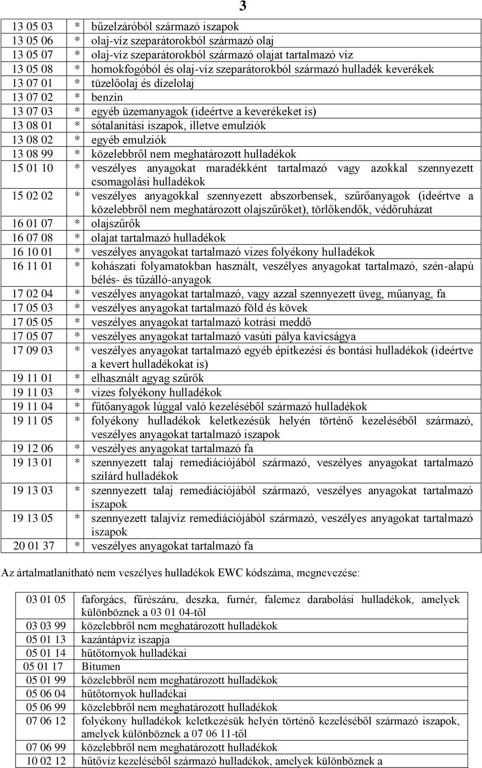 emulziók 13 08 02 * egyéb emulziók 13 08 99 * közelebbről nem meghatározott hulladékok 15 01 10 * veszélyes anyagokat maradékként tartalmazó vagy azokkal szennyezett csomagolási hulladékok 15 02 02 *