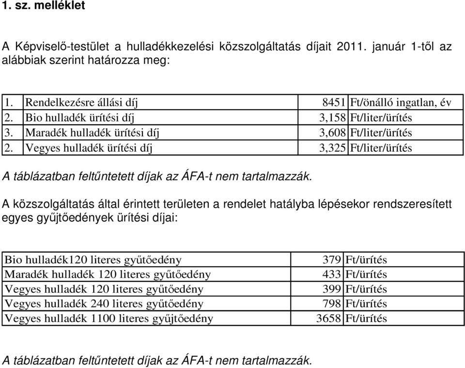 Vegyes hulladék ürítési díj 3,325 Ft/liter/ürítés A táblázatban feltőntetett díjak az ÁFA-t nem tartalmazzák.