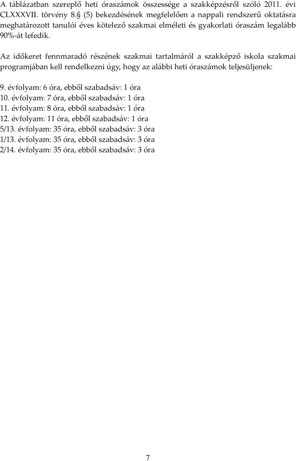 Az időkeret fennmaradó részének szakmai tartalmáról a szakképző iskola szakmai programjában kell rendelkezni úgy, hogy az alábbi heti óraszámok teljesüljenek: 9.