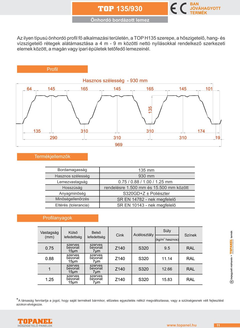 Profil Hasznos szélesség - 930 mm Termékjellemzők Bordamagasság Hasznos szélesség Lemezvastagság Hosszúság Anyagminőség Minőségellenőrzés Eltérés (tolerancia) 135 mm 930 mm 0.