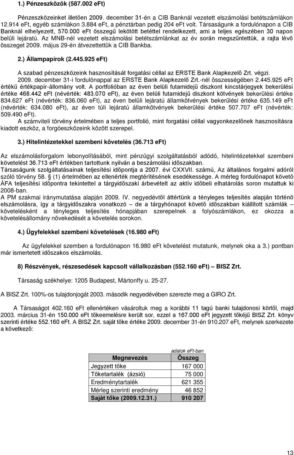 Az MNB-nél vezetett elszámolási betétszámlánkat az év során megszűntettük, a rajta lévő összeget 2009. május 29-én átvezettettük a CIB Bankba. 2.) Állampapírok (2.445.