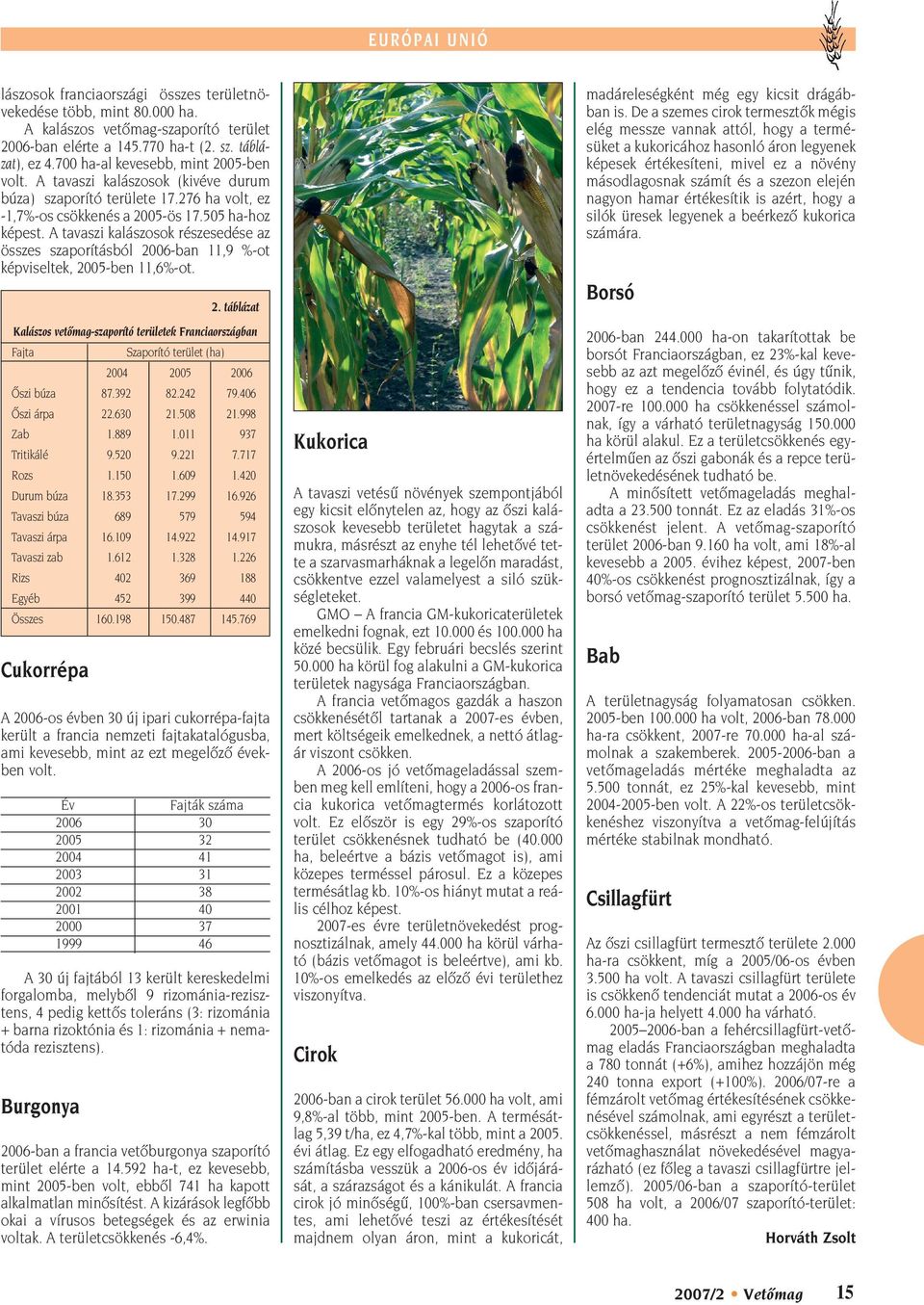 A tavaszi kalászosok részesedése az összes szaporításból 2006-ban 11,9 %-ot képviseltek, 2005-ben 11,6%-ot. 2. táblázat Kalászos vetômag-szaporító területek Franciaországban Fajta Szaporító terület (ha) 2004 2005 2006 Ôszi búza 87.