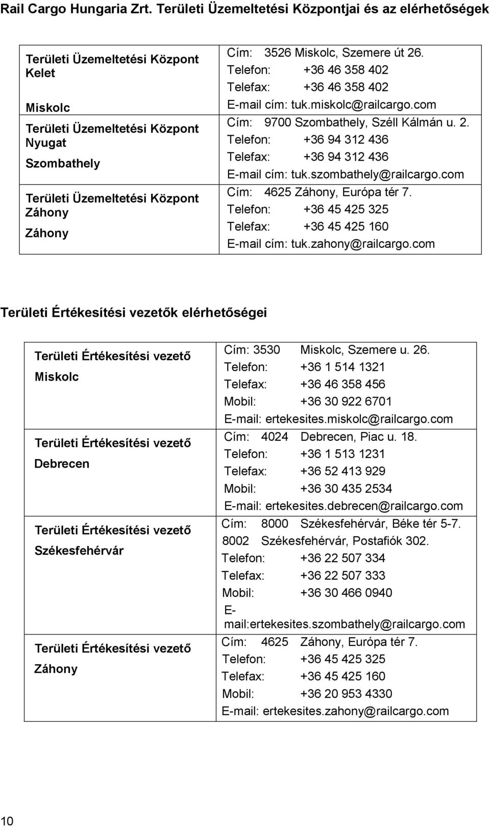 Miskolc, Szemere út 26. Telefon: +36 46 358 402 Telefax: +36 46 358 402 E-mail cím: tuk.miskolc@railcargo.com Cím: 9700 Szombathely, Széll Kálmán u. 2. Telefon: +36 94 312 436 Telefax: +36 94 312 436 E-mail cím: tuk.