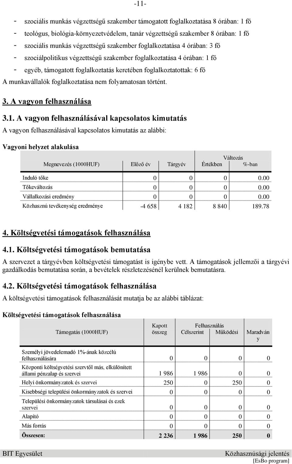 munkavállalók foglalkoztatása nem folyamatosan történt. 3. A vagyon felhasználása 3.1.