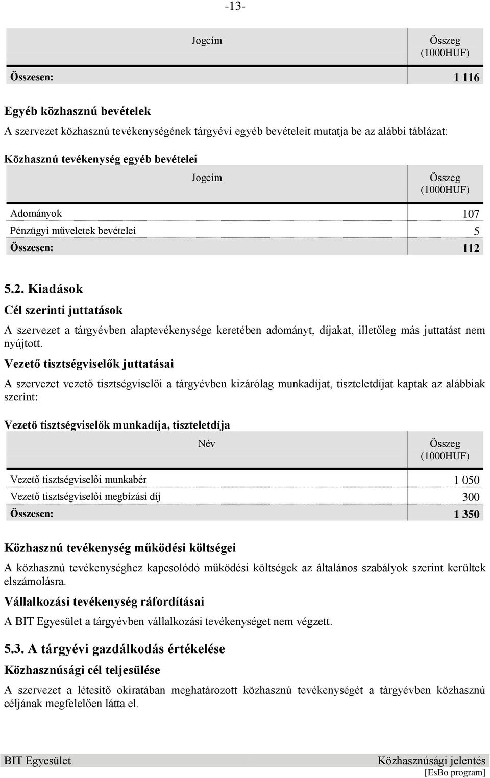 5.2. Kiadások Cél szerinti juttatások A szervezet a tárgyévben alaptevékenysége keretében adományt, díjakat, illetőleg más juttatást nem nyújtott.