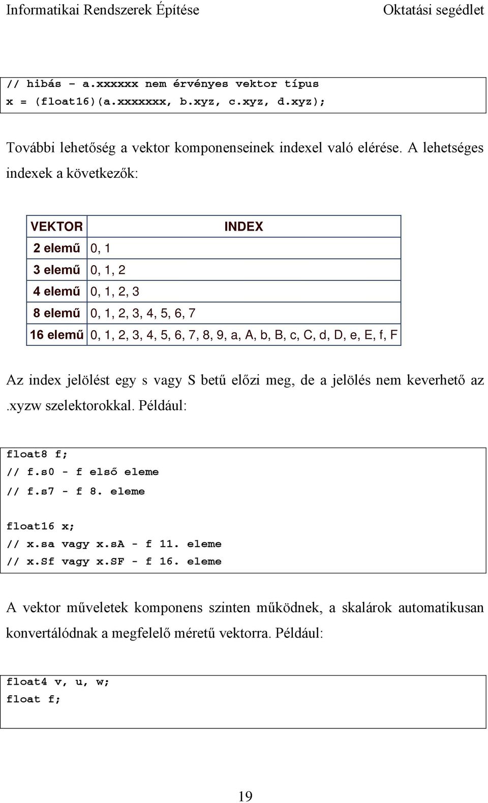 d, D, e, E, f, F Az index jelölést egy s vagy S betű előzi meg, de a jelölés nem keverhető az.xyzw szelektorokkal. Például: float8 f; // f.s0 - f első eleme // f.s7 - f 8.