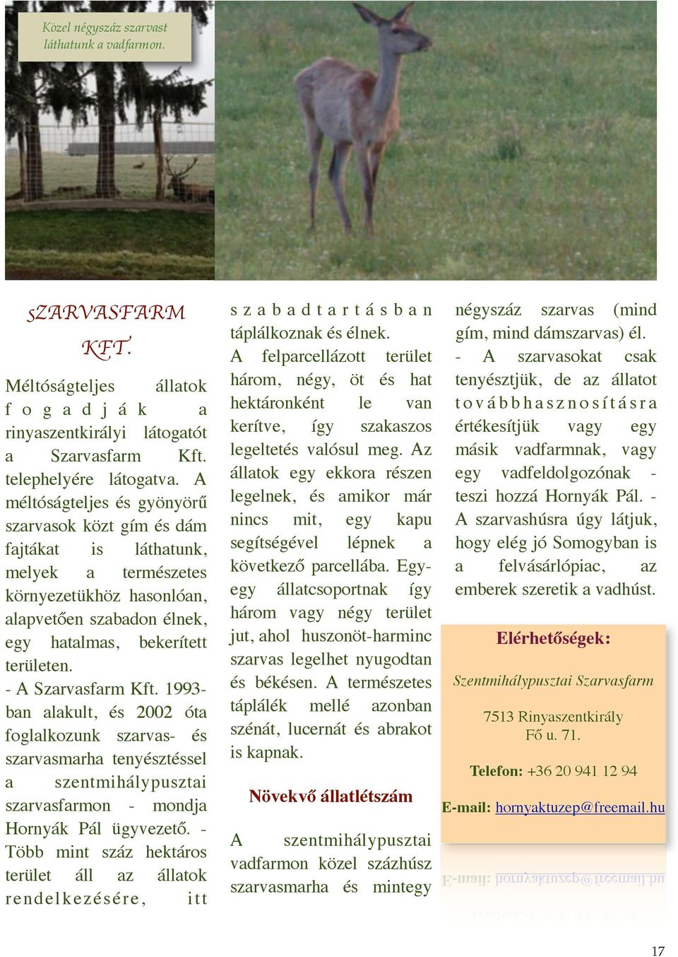 - A Szarvasfarm Kft. 1993- ban alakult, és 2002 óta foglalkozunk szarvas- és szarvasmarha tenyésztéssel a szentmihálypusztai szarvasfarmon - mondja Hornyák Pál ügyvezető.