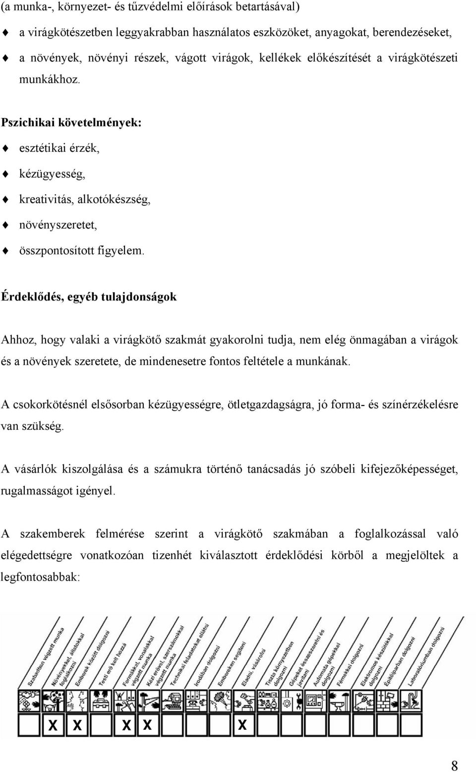 Érdeklődés, egyéb tulajdonságok Ahhoz, hogy valaki a virágkötő szakmát gyakorolni tudja, nem elég önmagában a virágok és a növények szeretete, de mindenesetre fontos feltétele a munkának.