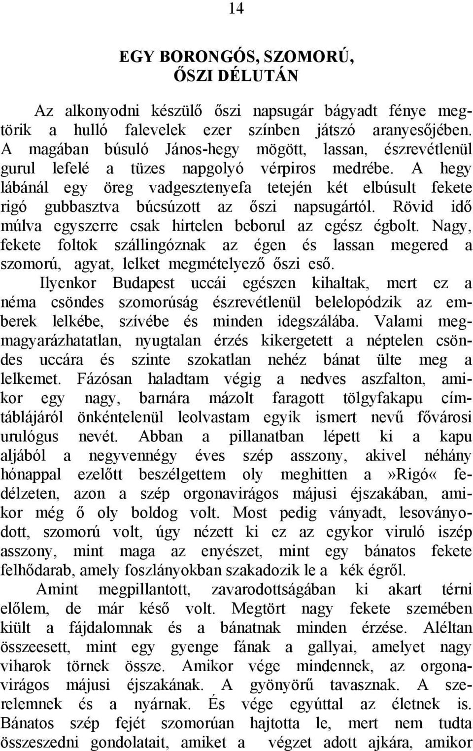 A hegy lábánál egy öreg vadgesztenyefa tetején két elbúsult fekete rigó gubbasztva búcsúzott az őszi napsugártól. Rövid idő múlva egyszerre csak hirtelen beborul az egész égbolt.