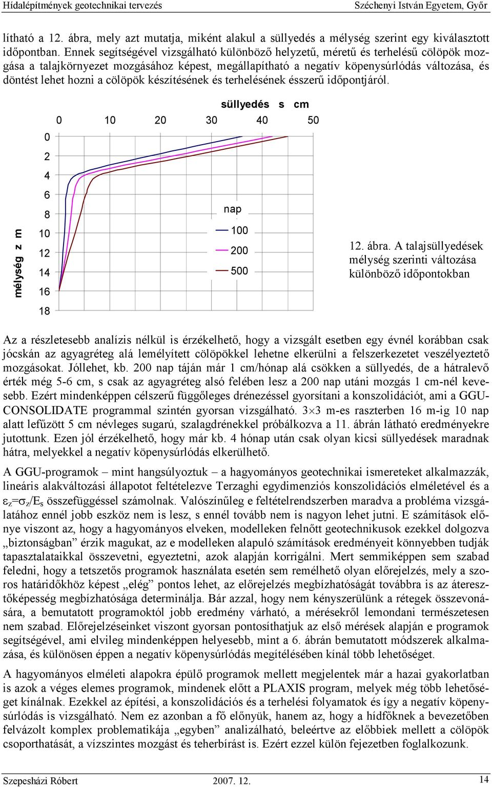 cölöpök készítésének és terhelésének ésszerő idıpontjáról. 0 süllyedés s cm 0 10 20 30 40 50 2 4 6 8 nap mélység z m 10 12 14 16 100 200 500 12. ábra.