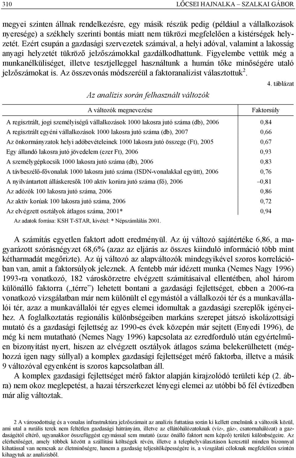 Figyelembe vettük még a munkanélküliséget, illetve tesztjelleggel használtunk a humán tőke minőségére utaló jelzőszámokat is. Az összevonás módszeréül a faktoranalízist választottuk 2.