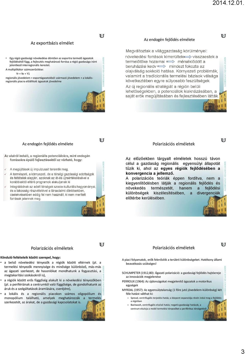 A multiplikátor számszerűsítése: Yr = Ye + Y1 regionális jövedelem = exportágazatokból származó jövedelem + a lokálisregionális piacra előállított ágazatok jövedelme Az endogén fejlődés elmélete