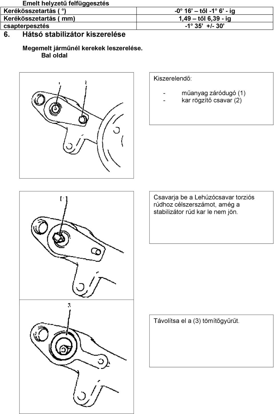 Hátsó stabilizátor kiszerelése Megemelt járműnél kerekek leszerelése.