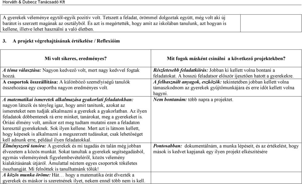 A téma választása: Nagyon kedvező volt, mert nagy kedvvel fogtak hozzá. A csoportok összeállítása: A különböző személyiségű tanulók összehozása egy csoportba nagyon eredményes volt.