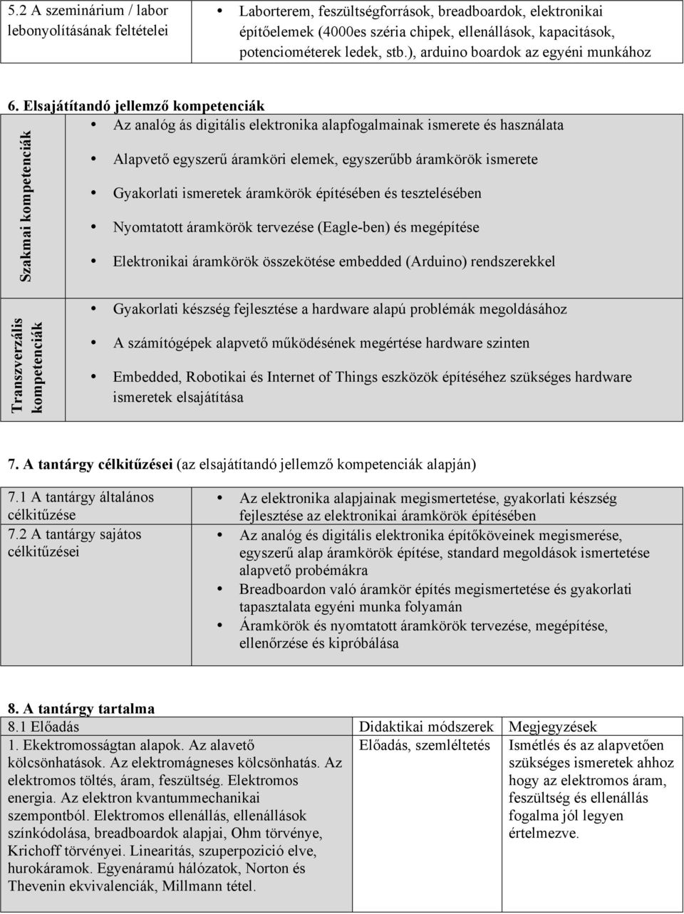 Elsajátítandó jellemző kompetenciák Az analóg ás digitális elektronika alapfogalmainak ismerete és használata Szakmai kompetenciák Alapvető egyszerű áramköri elemek, egyszerűbb áramkörök ismerete