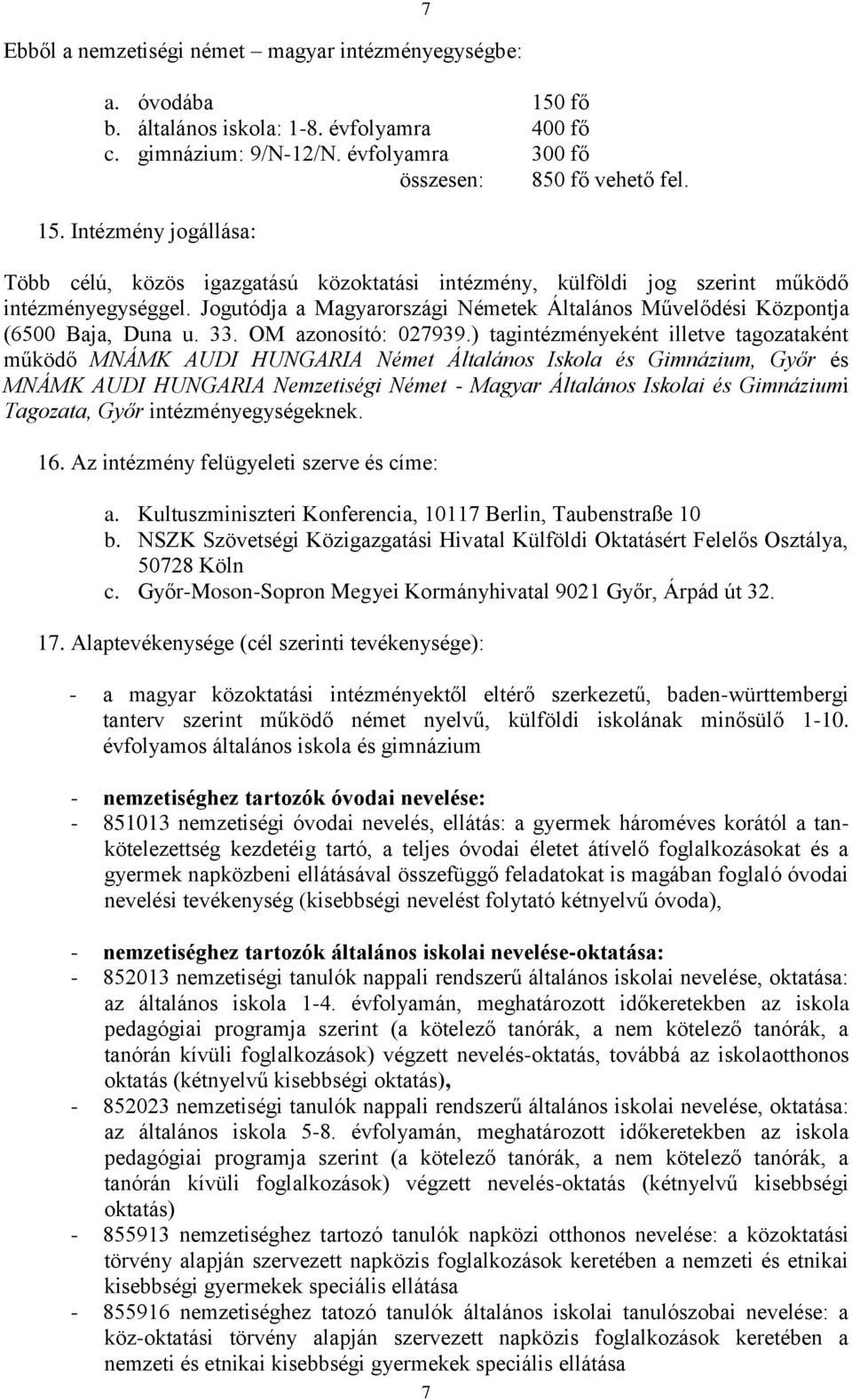 ) tagintézményeként illetve tagozataként működő MNÁMK AUDI HUNGARIA Német Általános Iskola és Gimnázium, Győr és MNÁMK AUDI HUNGARIA Nemzetiségi Német - Magyar Általános Iskolai és Gimnáziumi