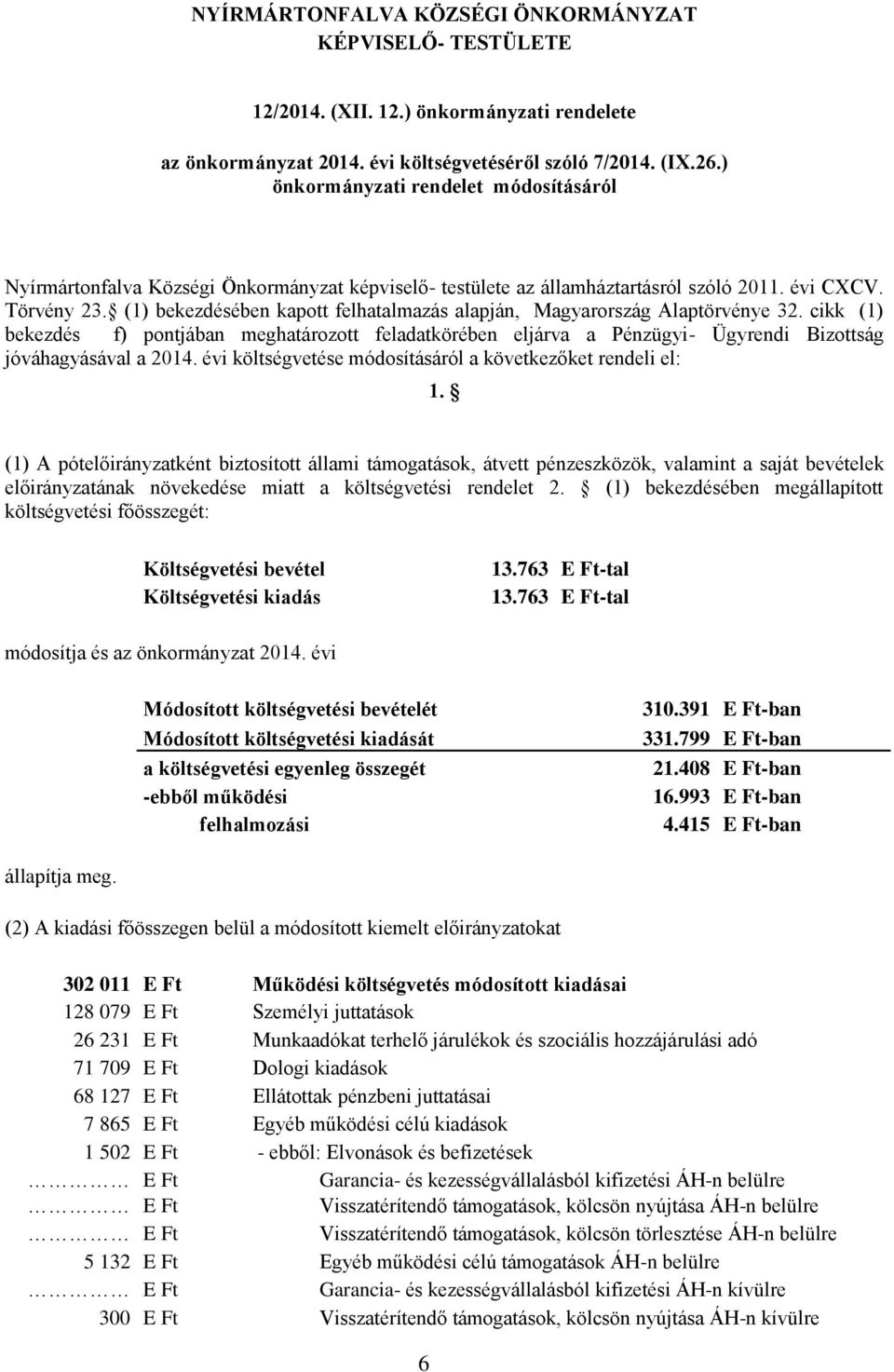 (1) bekezdésében kapott felhatalmazás alapján, Magyarország Alaptörvénye 32. cikk (1) bekezdés f) pontjában meghatározott feladatkörében eljárva a Pénzügyi- Ügyrendi Bizottság jóváhagyásával a 2014.