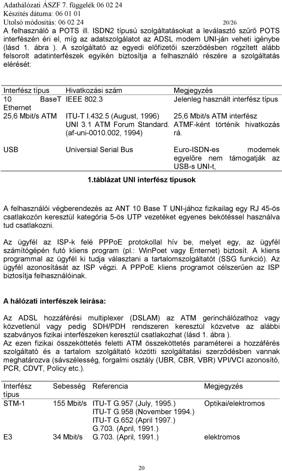 A szolgáltató az egyedi előfizetői szerződésben rögzített alább felsorolt adatinterfészek egyikén biztosítja a felhasználó részére a szolgáltatás elérését: Interfész típus Hivatkozási szám Megjegyzés