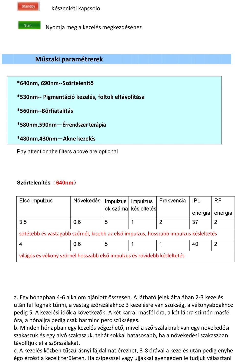 6 5 1 2 37 2 sötétebb és vastagabb szőrnél, kisebb az első impulzus, hosszabb impulzus késleltetés 4 0.