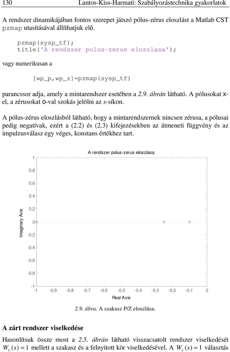 A pólusokat x- el, a zérusokat o-val szokás jelölni az s-síkon. A pólus-zérus eloszlásból látható, hogy a mintarendszernek nincsen zérusa, a pólusai pedig negatívak, ezért a (.) és (.