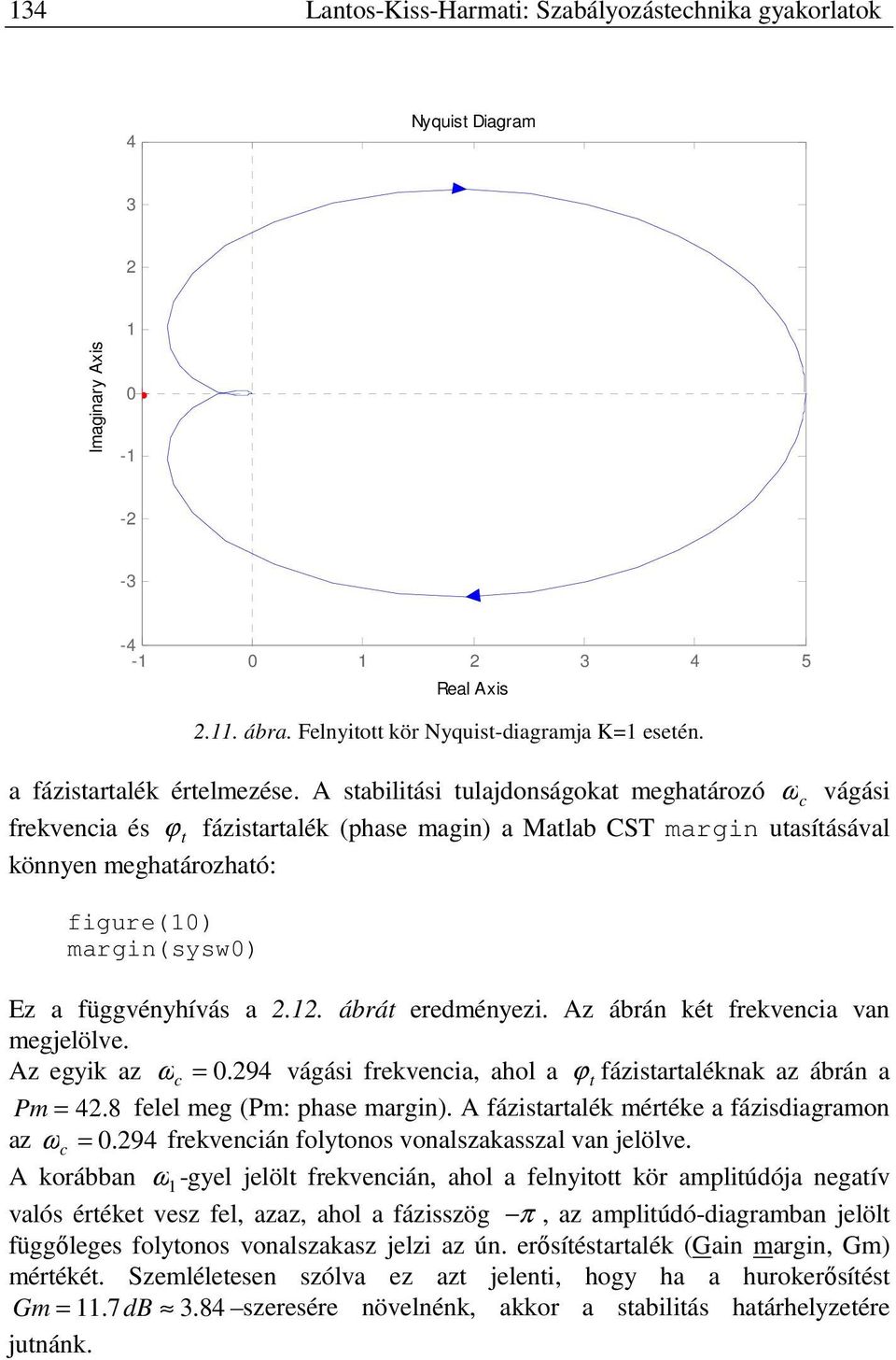 . ábrát eredményezi. Az ábrán két frekvencia van megjelölve. Az egyik az ω c =. 94 vágási frekvencia, ahol a ϕ t fázistartaléknak az ábrán a Pm = 4.8 felel meg (Pm: phase margin).