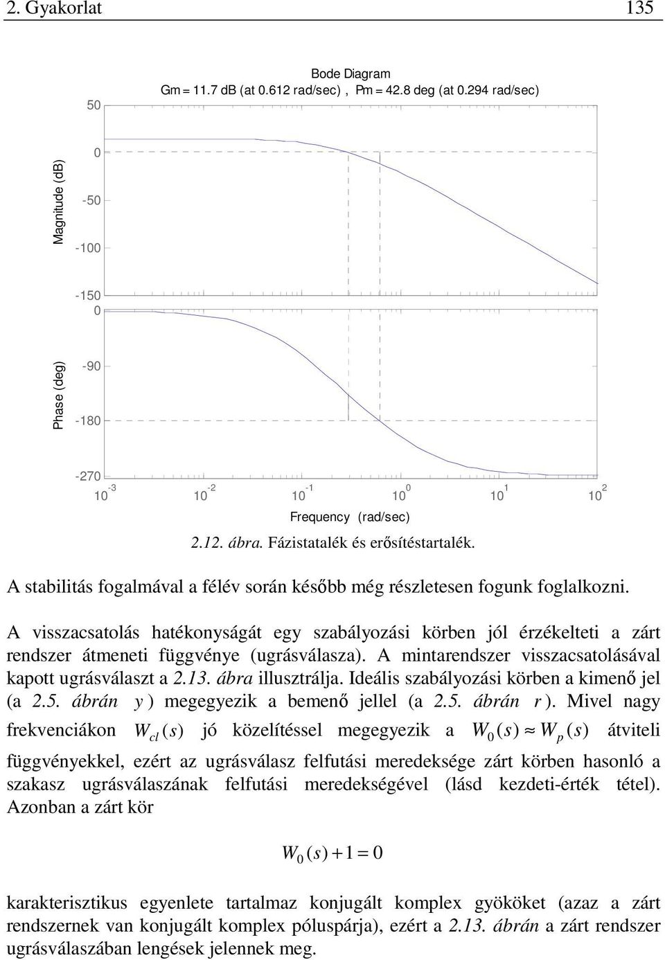 A visszacsatolás hatékonyságát egy szabályozási körben jól érzékelteti a zárt rendszer átmeneti függvénye (ugrásválasza). A mintarendszer visszacsatolásával kapott ugrásválaszt a.3. ábra illusztrálja.