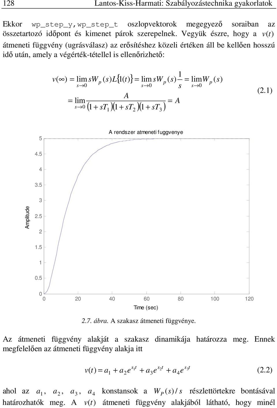 ( t) } A ( + st )( + st )( + st ) = lim swp ( s) = limw p ( s) s s s 3 = A (.) 5 A rendszer atmeneti fuggvenye 4.5 4 3.5 3 Amplitude.5.5.5 4 6 8 Time (sec).7. ábra. A szakasz átmeneti függvénye.