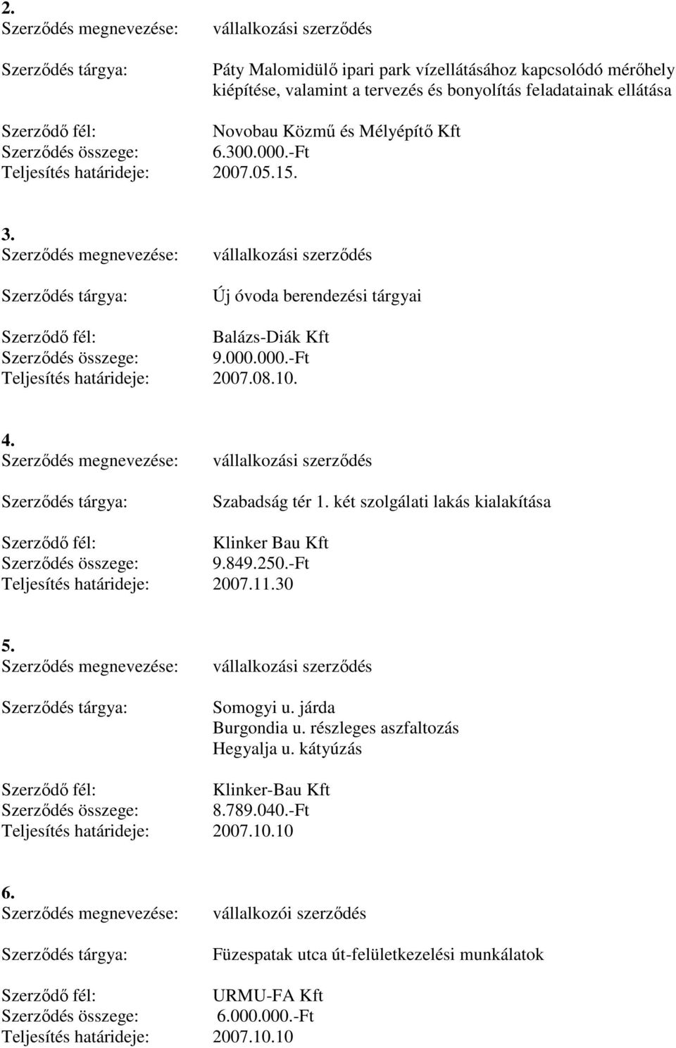 két szolgálati lakás kialakítása Klinker Bau Kft 9.849.250.-Ft Teljesítés határideje: 2007.11.30 5. Somogyi u. járda Burgondia u. részleges aszfaltozás Hegyalja u.