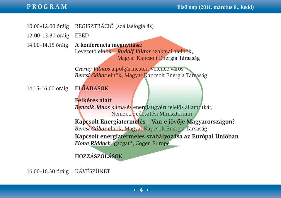 00 óráig ELŐADÁSOK Cserny Vilmos alpolgármester, Velence város Bercsi Gábor elnök, Magyar Kapcsolt Energia Társaság elkérés alatt Bencsik János klíma-és energiaügyért felelős