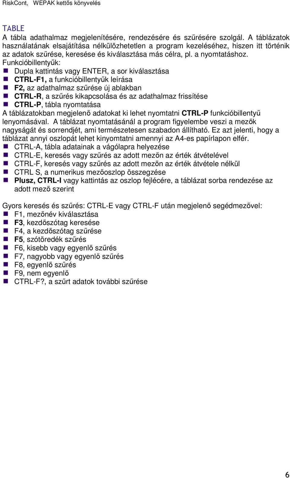 Funkcióbillentyők: Dupla kattintás vagy ENTER, a sor kiválasztása CTRL-F1, a funkcióbillentyők leírása F2, az adathalmaz szőrése új ablakban CTRL-R, a szőrés kikapcsolása és az adathalmaz frissítése