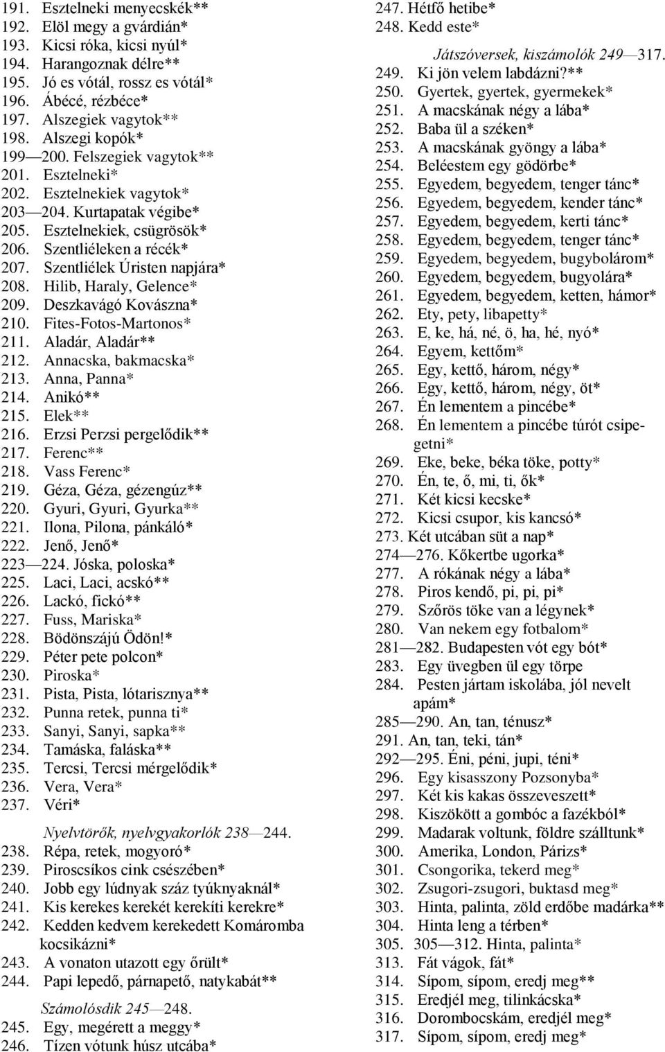 Szentliélek Úristen napjára* 208. Hilib, Haraly, Gelence* 209. Deszkavágó Kovászna* 210. Fites-Fotos-Martonos* 211. Aladár, Aladár** 212. Annacska, bakmacska* 213. Anna, Panna* 214. Anikó** 215.