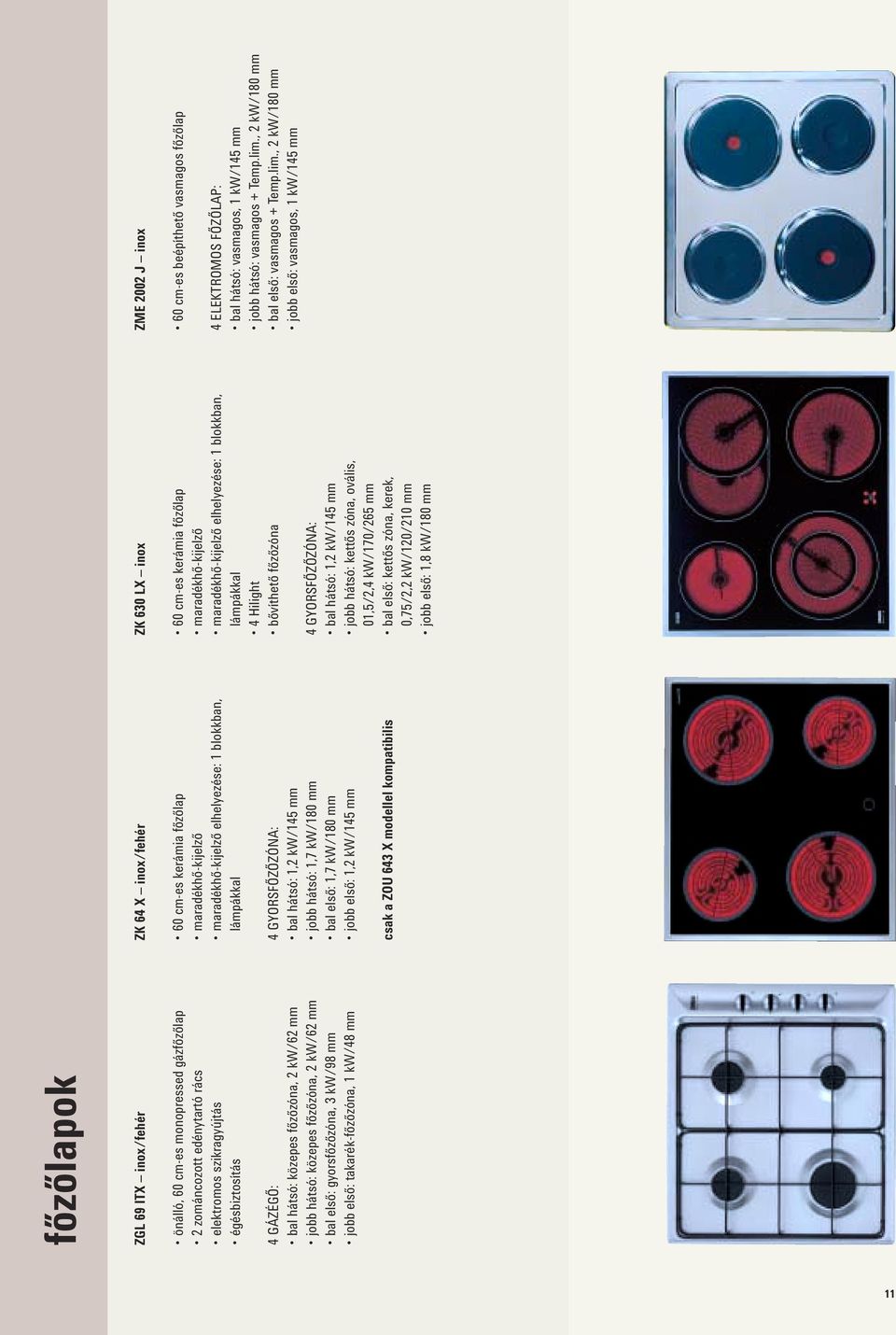 elhelyezése: 1 blokkban, lámpákkal 4 GYORSFŐZŐZÓNA: bal hátsó: 1,2 kw/145 mm jobb hátsó: 1,7 kw/180 mm bal első: 1,7 kw/180 mm jobb első: 1,2 kw/145 mm csak a ZOU 643 X modellel kompatibilis ZK 630