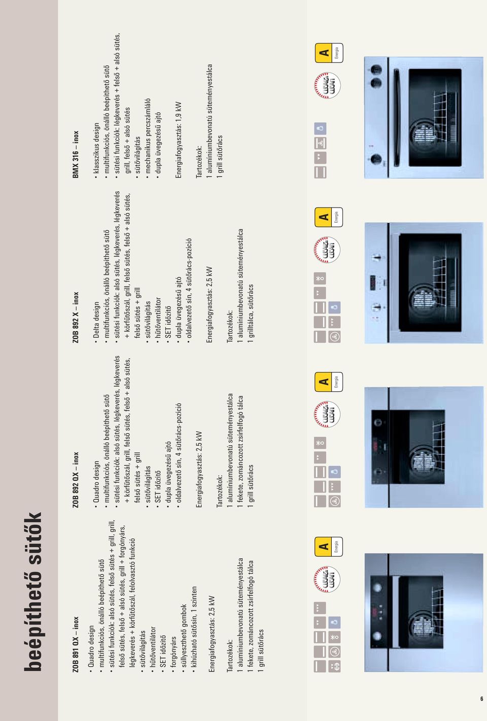 Energiafogyasztás: 2,5 kw Tartozékok: 1 alumíniumbevonatú süteményestálca 1 fekete, zománcozott zsírfelfogó tálca 1 grill sütőrács Quadro design multifunkciós, önálló beépíthető sütő sütési funkciók: