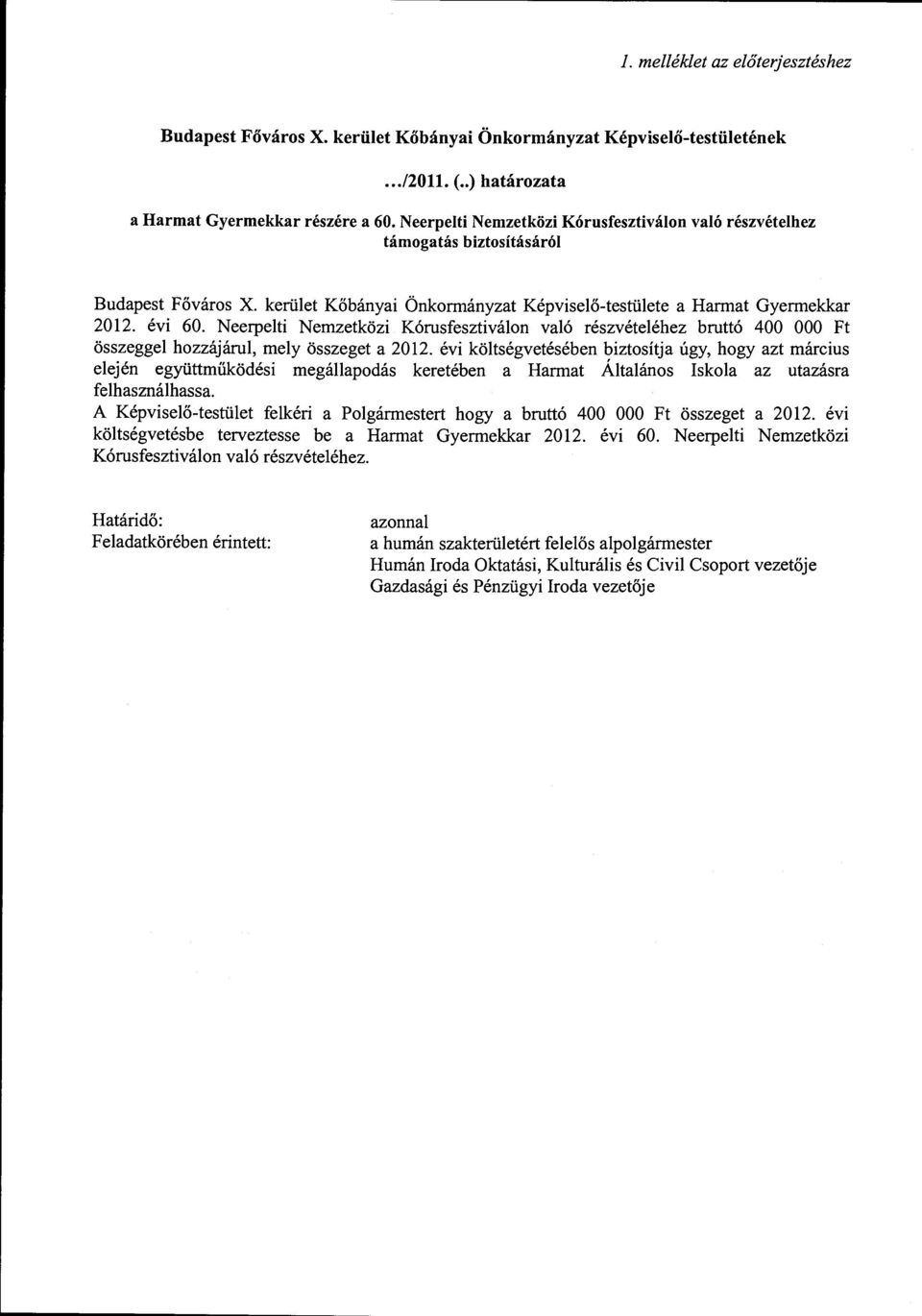 Neerpelti Nemzetközi Kórusfesztiválon való részvételéhez bruttó 400 OOO Ft összeggel hozzájárul, mely összeget a 2012.