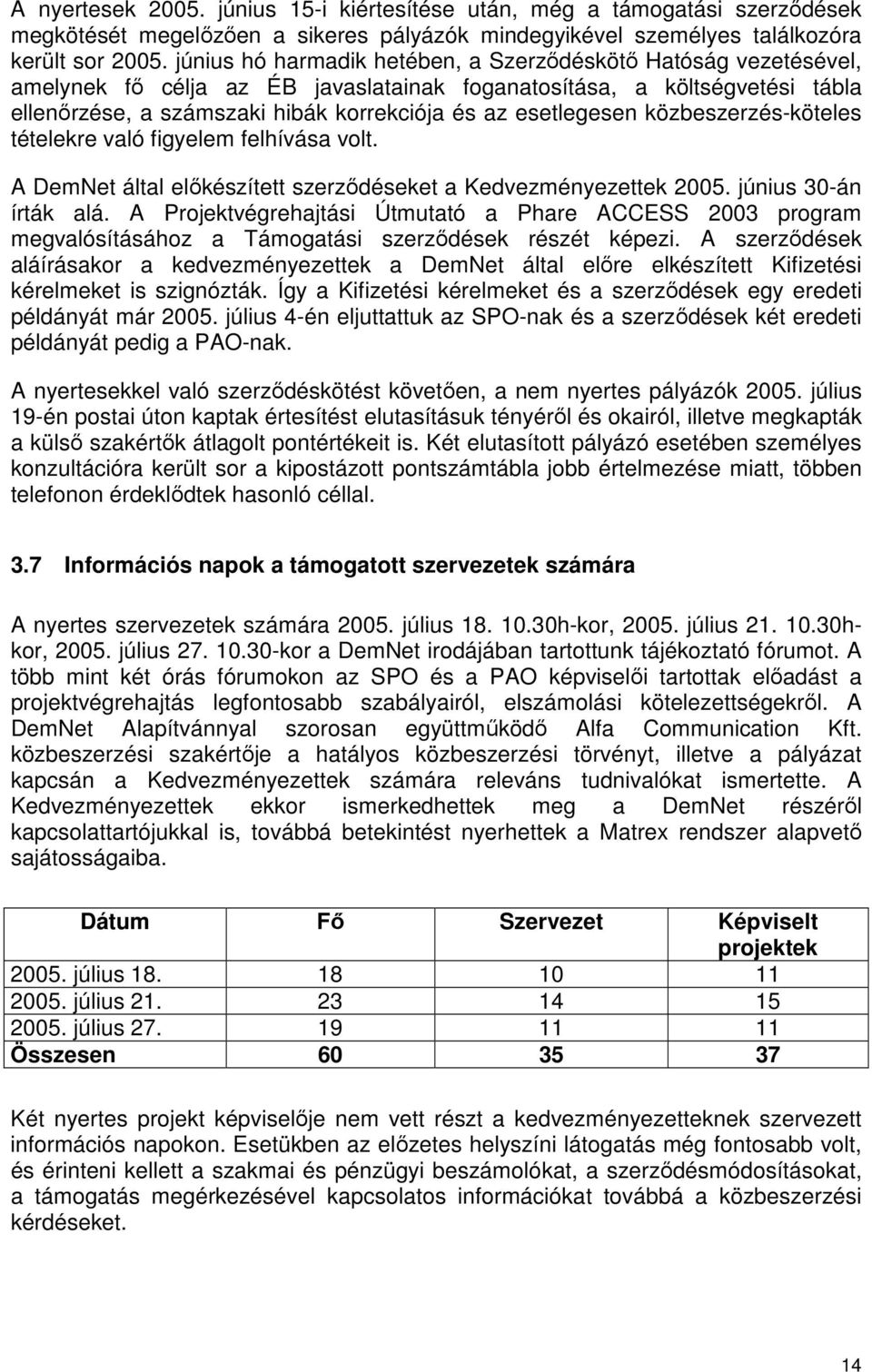 esetlegesen közbeszerzés-köteles tételekre való figyelem felhívása volt. A DemNet által előkészített szerződéseket a Kedvezményezettek 2005. június 30-án írták alá.