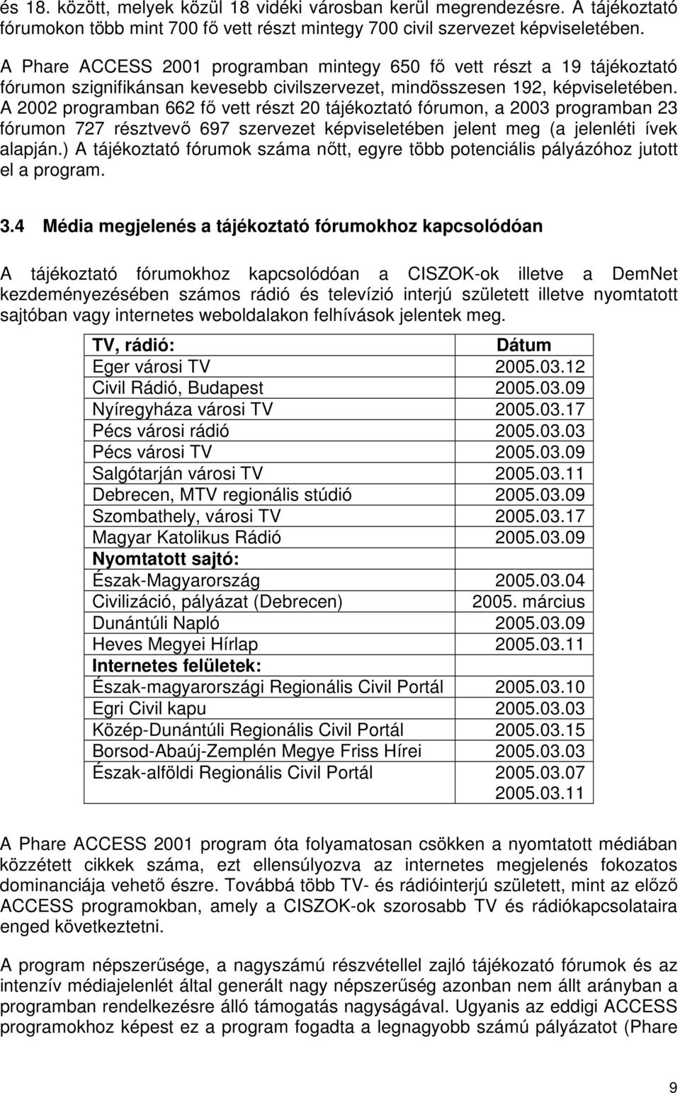 A 2002 programban 662 fő vett részt 20 tájékoztató fórumon, a 2003 programban 23 fórumon 727 résztvevő 697 szervezet képviseletében jelent meg (a jelenléti ívek alapján.