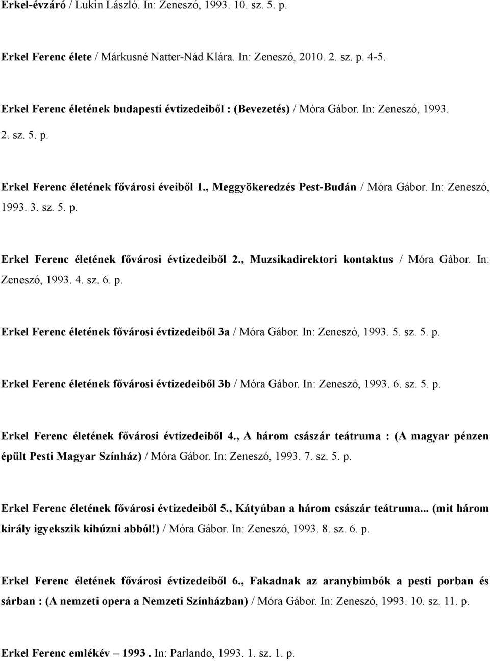 In: Zeneszó, 1993. 3. sz. 5. p. Erkel Ferenc életének fővárosi évtizedeiből 2., Muzsikadirektori kontaktus / Móra Gábor. In: Zeneszó, 1993. 4. sz. 6. p. Erkel Ferenc életének fővárosi évtizedeiből 3a / Móra Gábor.