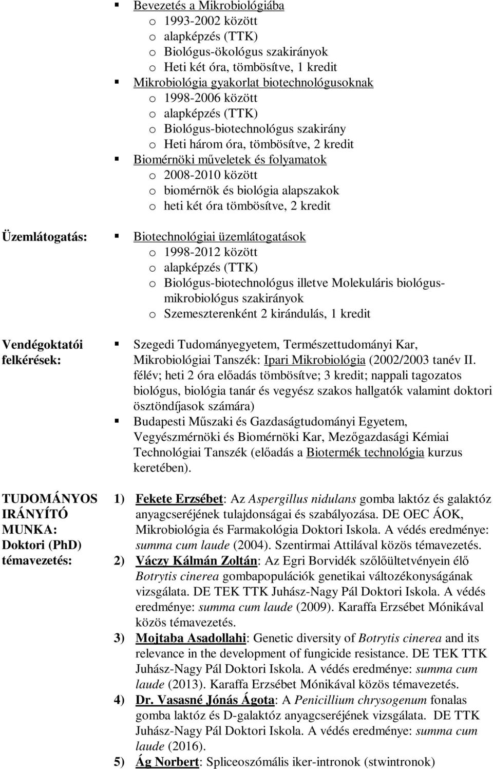 és biológia alapszakok o heti két óra tömbösítve, 2 kredit Biotechnológiai üzemlátogatások o 1998-2012 között o alapképzés (TTK) o Biológus-biotechnológus illetve Molekuláris biológusmikrobiológus