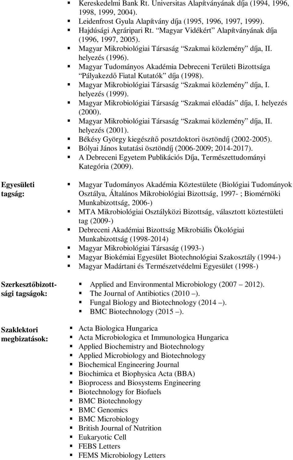 Magyar Tudományos Akadémia Debreceni Területi Bizottsága Pályakezdő Fiatal Kutatók díja (1998). Magyar Mikrobiológiai Társaság Szakmai közlemény díja, I. helyezés (1999).