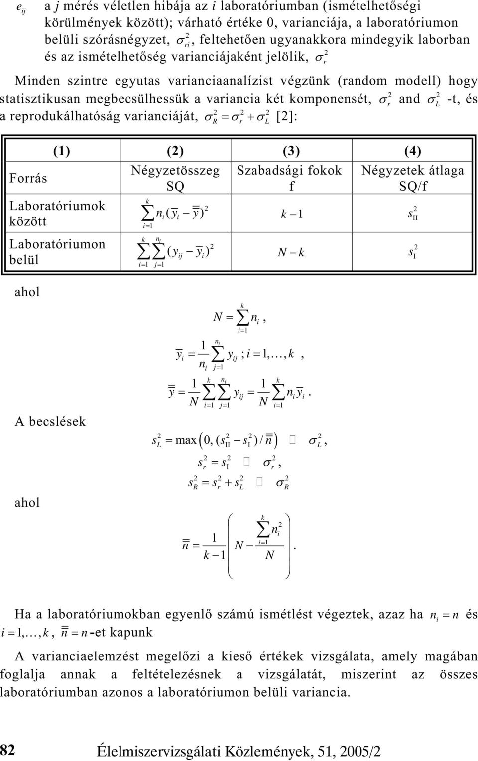 -t, és 2 2 2 a reprodukálhatóság varianciáját, [2]: R r L r Forrás (1) (2) (3) (4) Laboratóriumok között Laboratóriumon belül Négyzetösszeg SQ Szabadsági fokok f k 2 ni( yi y) k 1 i 1 k n i 2 ( yij