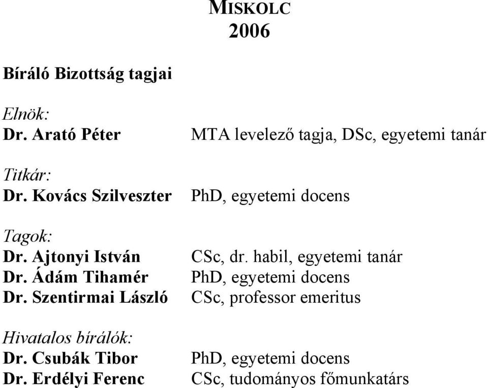 Szentirmai László Hivatalos bírálók: Dr. Csubák Tibor Dr.